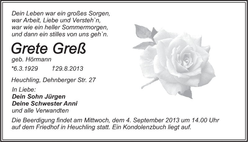  Traueranzeige für Grete Greß vom 02.09.2013 aus Pegnitz-Zeitung